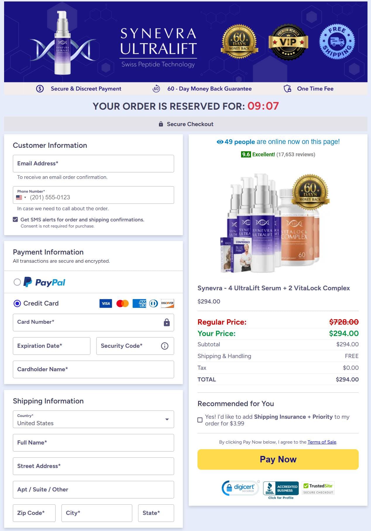 Synevra Ultralift - Checkout Order Page